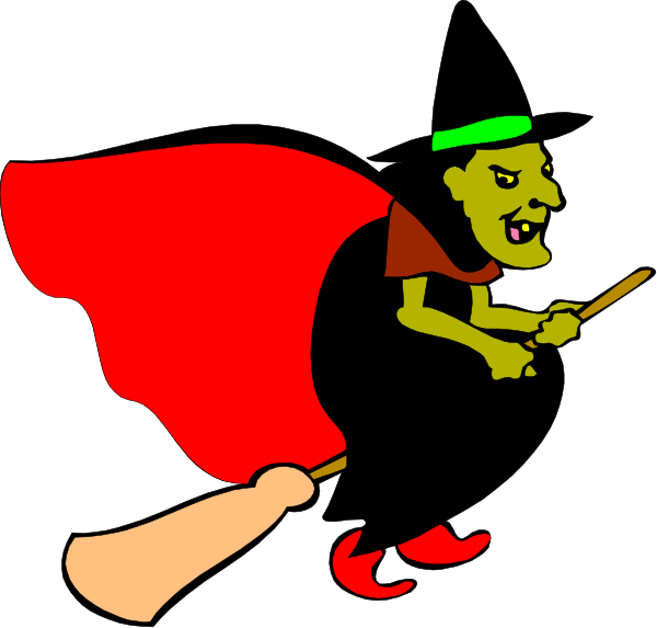 The cartoon depicts a witch riding on a broomstick with an ominous cape flying behind them against a dark background.
