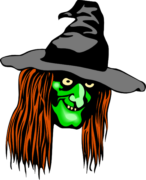 The image features a cartoon witch with red hair wearing an orange dress standing against a black background.