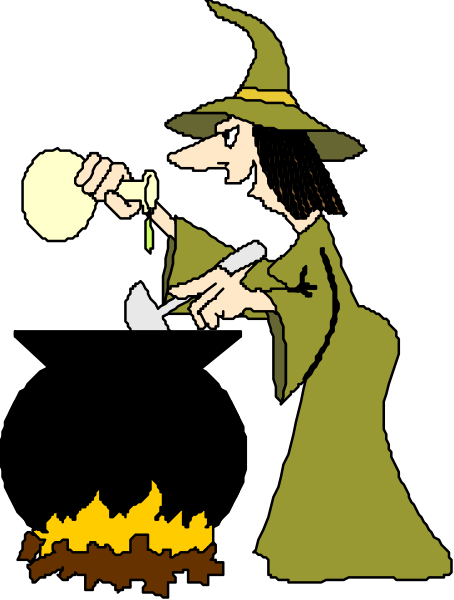The cartoon depicts a witch standing over an open fire with flames licking at her feet while she stirs something in a cauldron using a ladle.