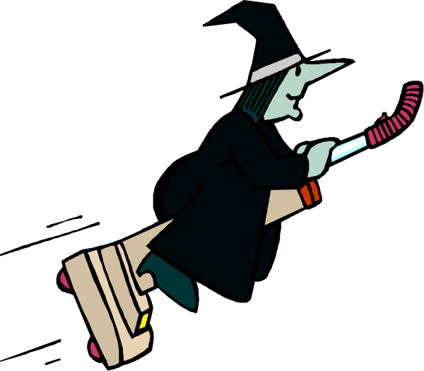 The image shows a cartoon witch riding on top of an oversized broomstick with candy canes attached to it against a black background.