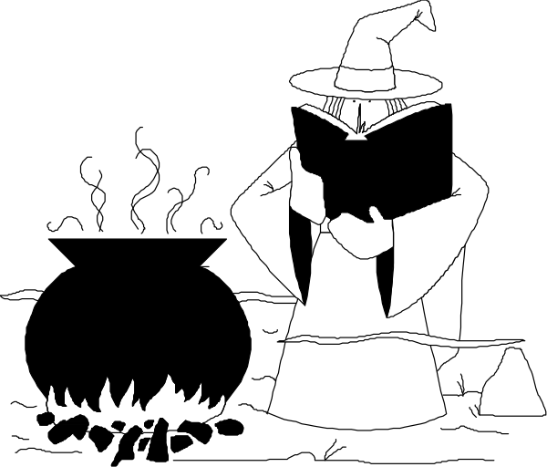 The black and white illustration depicts a witch with pointed hat standing next to an open book on what appears to be a table in front of her; there's also a broomstick leaning against something out of frame, suggesting she might have just arrived or is preparing for departure.