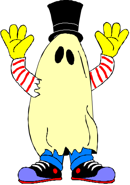 The cartoon depicts a ghost with exaggerated features like large eyes and hands raised above its head as if waving to someone off-screen; it is wearing blue shorts adorned with red stripes, white shoes with black laces, and has an oversized smile showing teeth that are too big for the mouth.