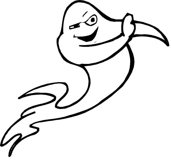 The black and white illustration shows a cartoon ghost with glasses riding on top of what appears to be an animated flame-like object that is curved upwards at one end as if it's in motion, suggesting speed.