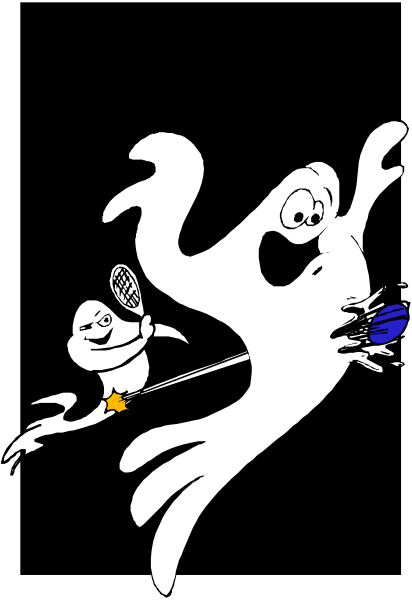 The black and white cartoon shows a ghost holding a tennis racket with two balls flying towards it; another ghost is running away from them in fear of being hit by one ball that has been thrown at him, while an alien-like creature watches on behind the first ghost.