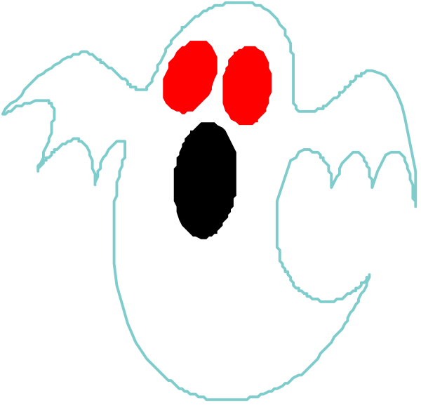 The image shows a cartoon depiction of an animated ghost with red eyes on its face, wearing a classic white sheet costume that is typical for Halloween representations of ghosts. It has two large black bat wings extending from either side and appears to be in mid-air or floating above the ground.