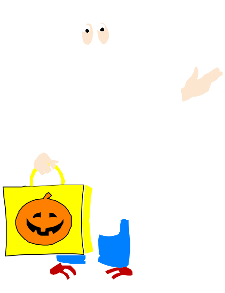 The cartoon depicts a person dressed as a ghost holding an orange pumpkin with eyes on it while standing against a black background.
