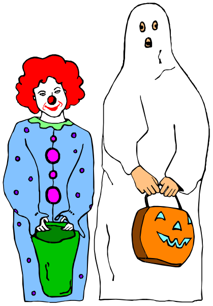 The illustration features a clown standing next to an adult dressed as a ghost with a large basket of candy on its head; both characters appear happy while posing for what seems like Halloween festivities against a black background, which is typical in such settings.