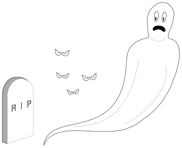 The black and white cartoon shows a ghostly figure with an exaggerated sad face standing next to three tombstones labeled "RIP" in front of which is another smaller ghost-like character flying away from them, all set against a dark background.