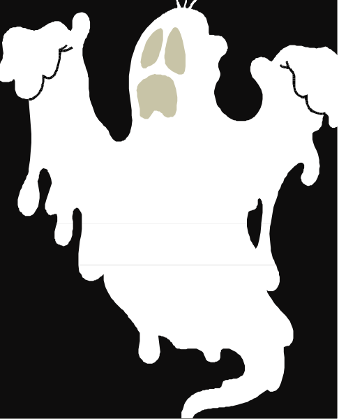 The image shows a black and white cartoon of an animated ghost with its arms outstretched as if flying through space.