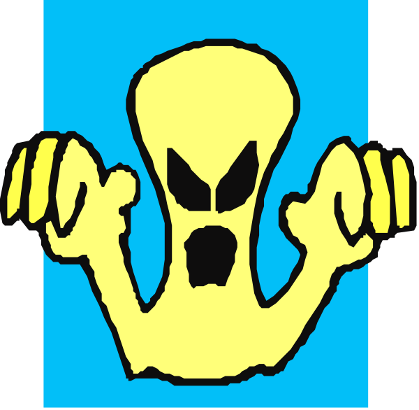 The image shows a cartoon of an alien with two arms raised above its head as if it's flexing muscles on top of what appears to be a blue background.