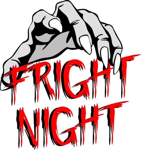 The image features a black background with two distinct graphics: on top left corner is an illustration of a zombie hand reaching out from behind what appears to be a tombstone; below it in bottom right corner, there's another graphic showing hands holding up signs that read "FRIGHT NIGHT" and the word "Fright Night" written above them. The overall style suggests this could be related to an event or promotion for Halloween-themed activities such as costume parties or horror movie nights.