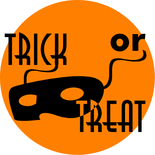 The image features a Halloween theme with an orange background that has black text reading "TRICK OR TREAT" at the top right corner of two overlapping circles. In one circle on the left side is a white silhouette of a witch's hat, and in another smaller circle to its right are three candy bars depicted as if they were flying through mid-air with their wrappers visible against an orange background that resembles flames or fireworks. The overall style suggests it could be used for Halloween decorations or invitations due to the thematic elements present within this image.
