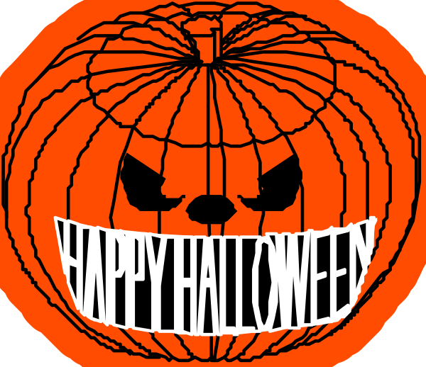 The image features a Halloween theme with two jack o' lanterns on either side of "Happy Hallowm" text in white letters at bottom center; one pumpkin has eyes and mouth drawn to resemble a face, while the other is plain orange without any facial details or decorations.