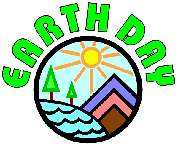The image features a colorful graphic with text that reads "Earth Day" at top center above an illustration of Earth from space showing landmasses including mountains in shades of blue-green on one side and brownish terrain on another, surrounded by water bodies; below this is the sun depicted as yellow circle. The bottom part shows a stylized mountain range with trees under it against a sky background that transitions to darker tones towards the horizon where there's an orange glow suggesting either dawn or dusk.