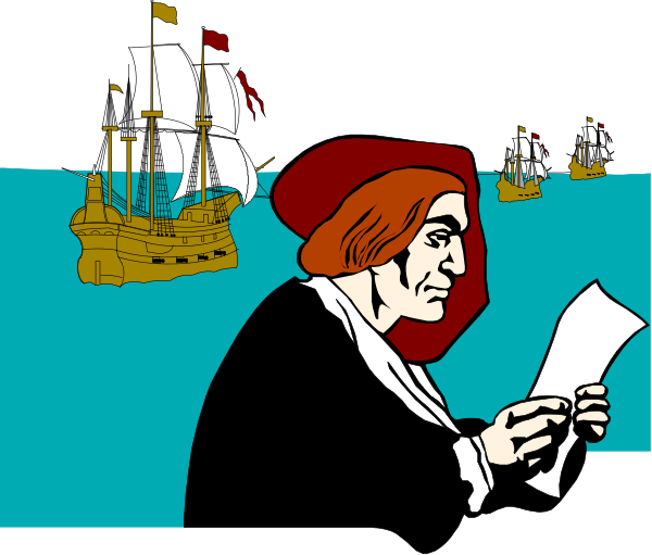 The image shows a man with red hair wearing glasses sitting at his desk holding papers; he is looking downward while surrounded by several ships on water in front of him.