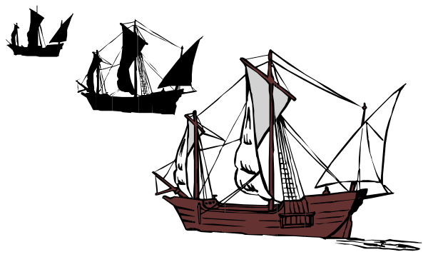 The black and white illustration shows a ship with multiple sails on water at nighttime under dark skies.