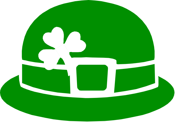 The image shows a green top hat with an Irish shamrock on it placed next to another similar hat that has no visible decoration.