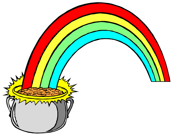 The image shows a rainbow with two pots of food at either end; there is no text present within this clip-art illustration.