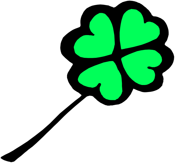 The black background features a bright green four leaf clover on top of it with white hearts surrounding each petal.