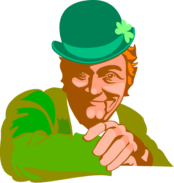 The image shows a cartoon of an older man with white hair wearing glasses leaning on his cane next to another character who is dressed as a leprechaun in green attire holding a pot of gold, both characters appear happy and contented against a simple background that does not provide any additional context.