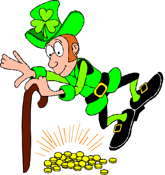 The image shows a cartoon of an animated leprechaun character dressed as St Patrick with his hat on backwards running towards pots filled with gold coins that have been spilled out onto the ground in front of him, creating a rainbow effect around them due to sunlight shining through; he is also holding what appears to be a shamrock.