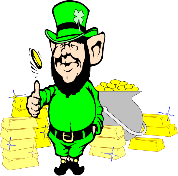 The cartoon depicts a caricature of an Irish leprechaun standing amidst piles of gold coins with his thumb up in approval while holding another coin between two fingers.