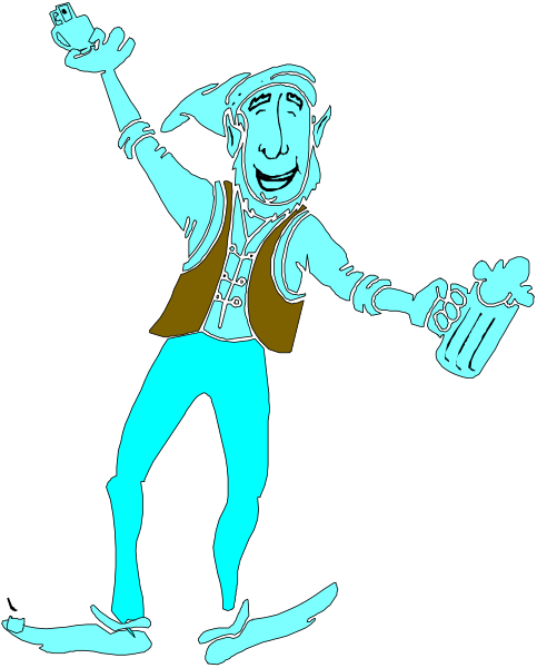 The cartoon depicts a man with blonde hair wearing blue jeans standing on skis holding two beers while waving his right hand in greeting against a black background.