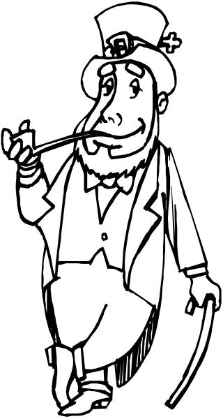 The black and white cartoon depicts a caricature of an older man dressed as Abraham Lincoln holding a cane in his right hand while smoking from it with his left. He is wearing a top hat, suit jacket, vest, pants, shoes, and has facial hair including mustache and beard.
