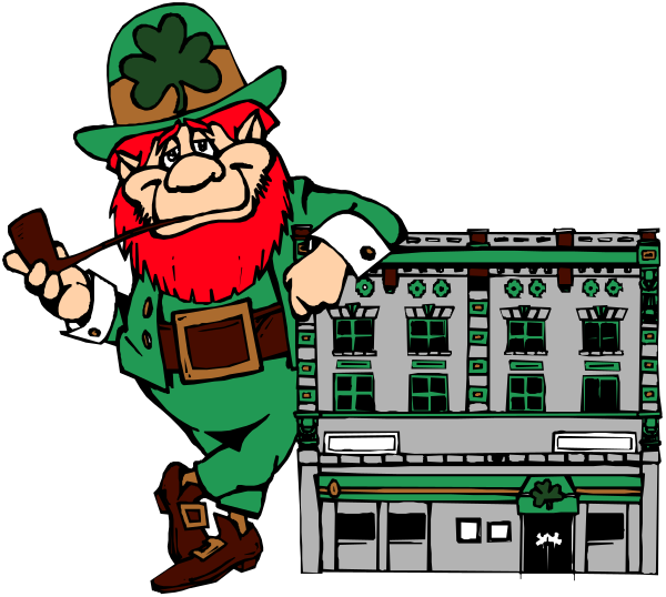 The cartoon depicts a leprechaun standing next to an Irish pub with his hands on hips while holding a pipe in one hand; he is wearing green attire typical of St Patrick's Day, including boots and hat, along with red hair that stands out against his outfit.