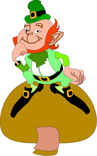 The cartoon depicts a leprechaun dressed as St Patrick with his hands on hips standing next to an oversized pot of gold atop a pedestal in what appears to be Ireland during Saint Paddy's Day festivities, characterized by green and white colors associated with the holiday.