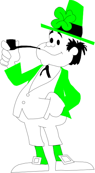 The image shows a black and white photo of an animated character dressed as St Patrick's Day with shamrocks on their hat and cloak, standing in front of what appears to be a green background that could represent grass or foliage associated with springtime festivities like Easter or Saint Paddy's day.