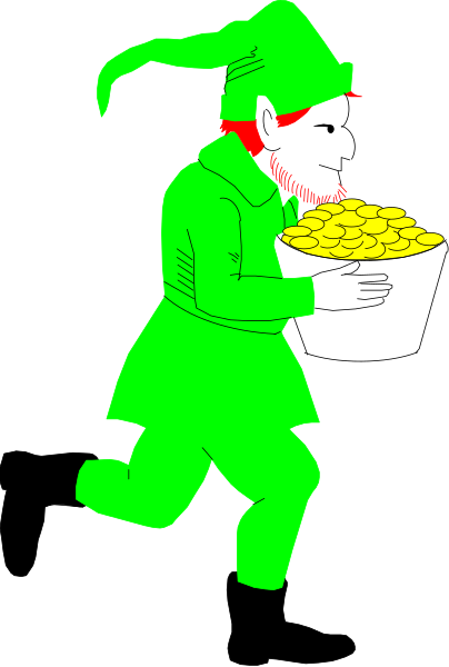The image shows a cartoon of an elf carrying two trays filled with gold coins while walking on what appears to be a pathway in nature during daylight hours.