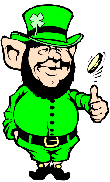 The image features a cartoon of an Irish leprechaun wearing a green hat with four leaves on top, holding a gold coin in his hand while giving a thumbs-up gesture.