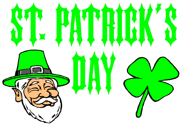 The image features a graphic design with text that reads "St Patrick's Day" at top, followed by an illustration of St Patricks in green attire on horseback topped with shamrocks and clovers, below which is another line of text stating "Clover Cottage," accompanied by the image of a clover. The background has a black backdrop adorned with white stars that resemble snowflakes or possibly four-leaf clovers.
