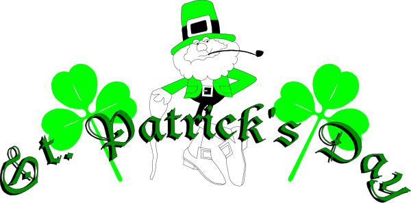 The image shows a St Patrick's Day themed graphic with shamrocks on either side of text that reads "St Patricks."