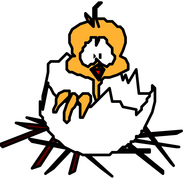 The image shows a cartoon of an egg with a face on it being cracked open by what appears to be a bird's foot from above.