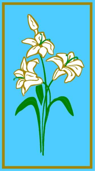 The picture shows a blue background with an illustration of three white flowers on stems at the bottom center, each flower having six petals arranged in two rows around its central yellow stamens; above this floral arrangement is a decorative border featuring gold and black lines that form geometric patterns against the darker shade of blue.