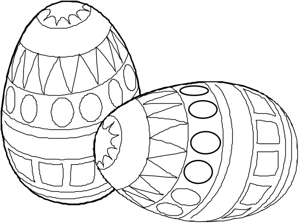 The black and white line drawing shows a collection of Easter eggs with various patterns on them placed next to each other against an unadorned background.