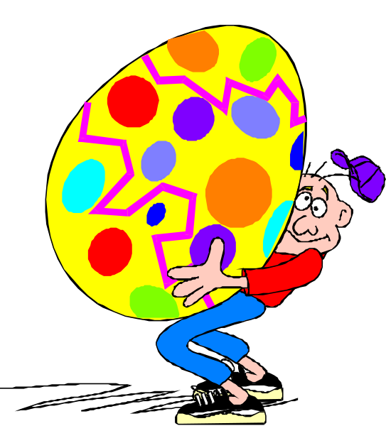 The cartoon depicts a man holding an oversized Easter egg with colorful polka dots on it while standing in front of him is another large colored easter egg that has been cracked open to reveal its contents, which include smaller eggs and candy pieces inside; both characters are set against a dark background.