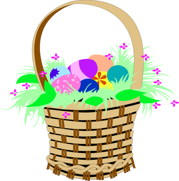 The image shows a wicker basket filled with colorful Easter eggs on top of green grass, placed against a dark background.