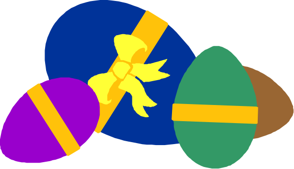 The image shows a collection of Easter eggs with ribbons tied around them against an unseen background; there is no text present in this clip-art illustration.