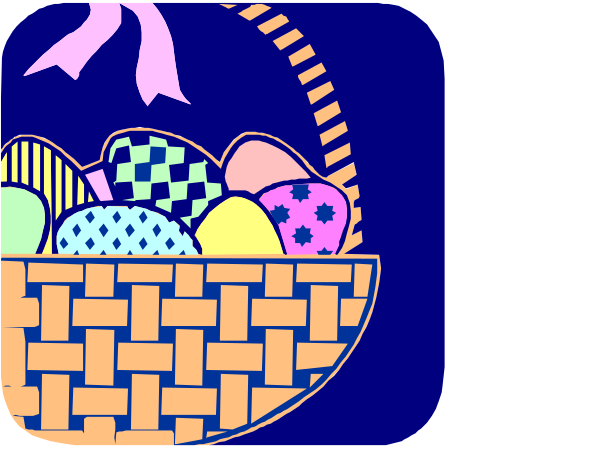 The image shows two identical baskets of Easter eggs with a colorful design on each side against different backgrounds; there is no text present in this clip-art illustration.