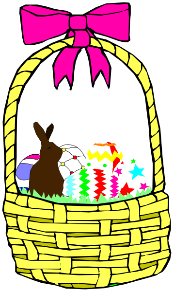 The image shows a colorful Easter basket with an egg inside it placed on top of what appears to be grass, next to two eggs that resemble sports balls in front of them.