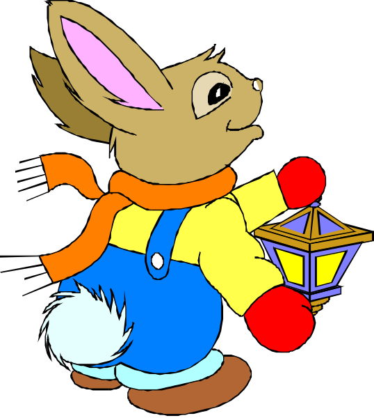 The cartoon depicts a rabbit wearing overalls with suspenders holding an open umbrella while carrying a lantern in its paws; it is standing on what appears to be snow-covered ground, and there's no visible text within this image.
