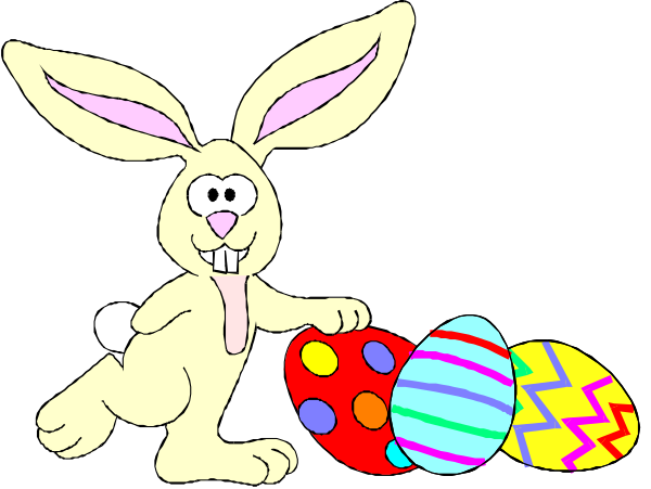 The cartoon shows a white rabbit standing next to three colorful Easter eggs on an easter bunny theme background with black outlines of two ears for each ear visible in front view.