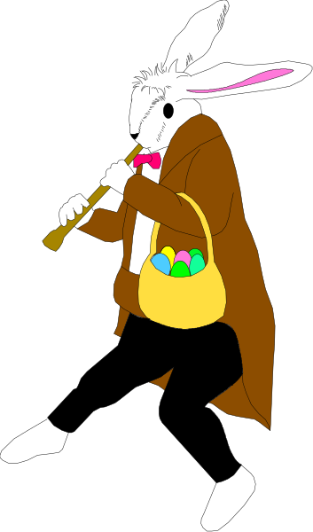 The image shows a cartoon of an Easter bunny holding two eggs with candy inside them while standing next to a basket filled with more candies in various shapes and sizes; it is set against a black background, giving it a silhouette effect.