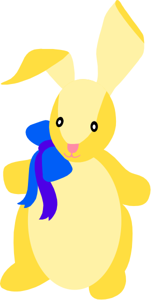 The image shows a cartoon rabbit holding an object with blue ribbons around it while standing against a dark background.