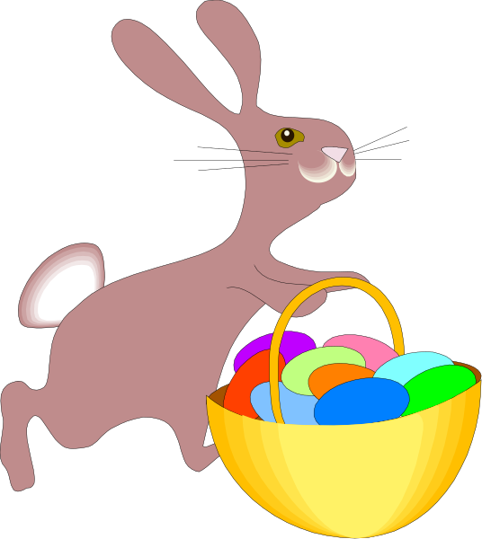 The image shows a cartoon rabbit running with an Easter basket full of colorful eggs behind it on its back.