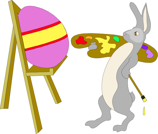 The cartoon depicts a rabbit standing next to an easel with paint splatters on it; there is also another smaller egg in front of them both that has been painted as well.