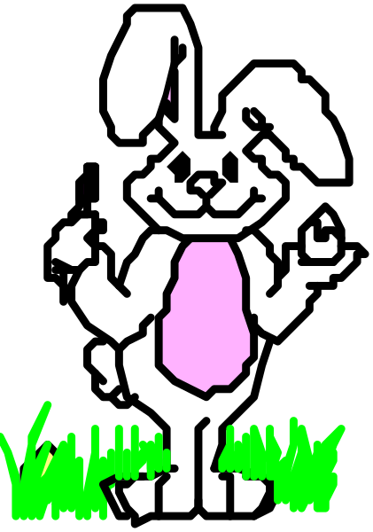 The image shows a pixelated character that resembles Pac-Man standing on grass with an egg behind it against a dark background.